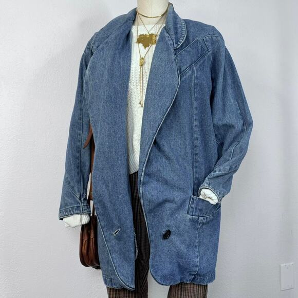 Vintage Jackets & Blazers - Vintage Denim Oversized Jacket One Button Shawl Collar Western Fishermancore